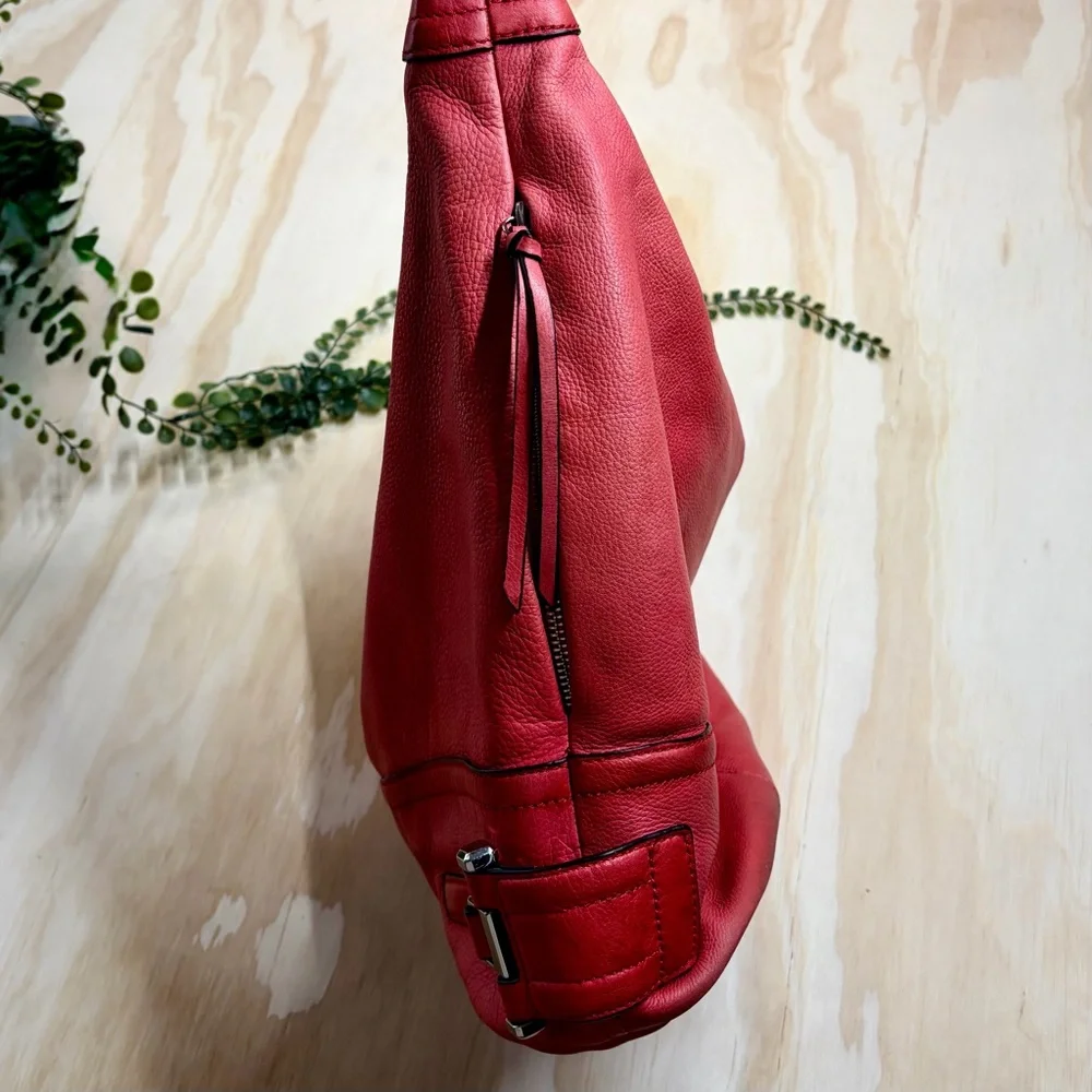 B. Makowsky Coral Red Pebbled Leather Hobo Shoulder Bag Slouch Purse